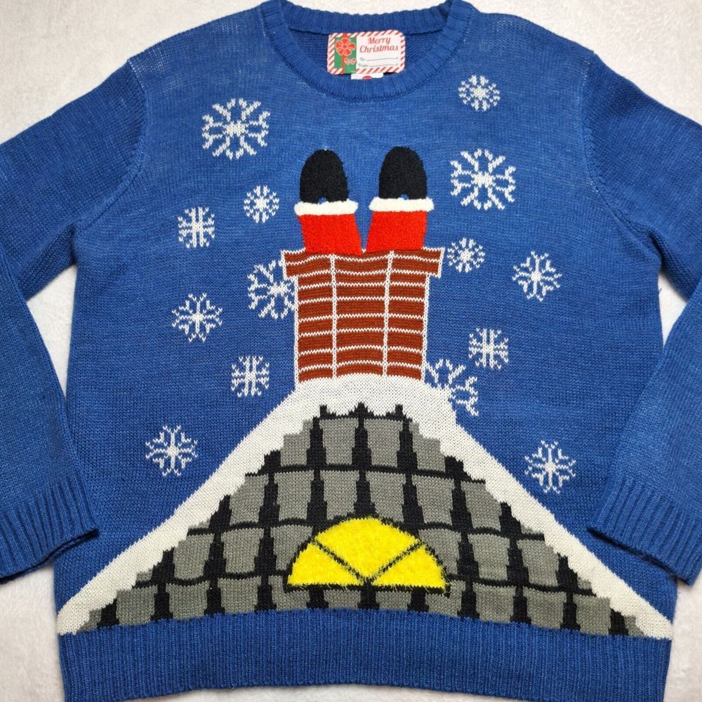 MERRY CHRISTMAS Santa Down Chimney Ugly Sweater Adult Sz M Blue Snowflake Roof